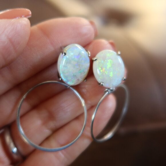 GIANT Opal & 925 sterling silver front facing hoops earrings white/blue sparkles - Picture 3 of 15